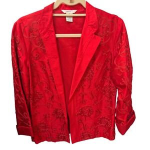 Isabela D Womens Red 100% Silk Soutache Embroidered Floral Blazer Jacket Size 4